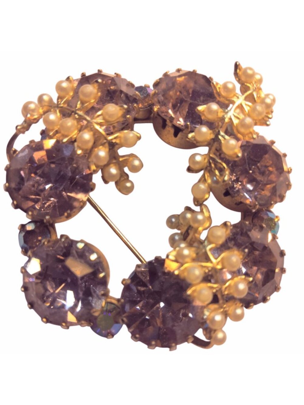 Vintage Brooch Gold Tone Purple Rhinestone Faux Pearl Circular Pin